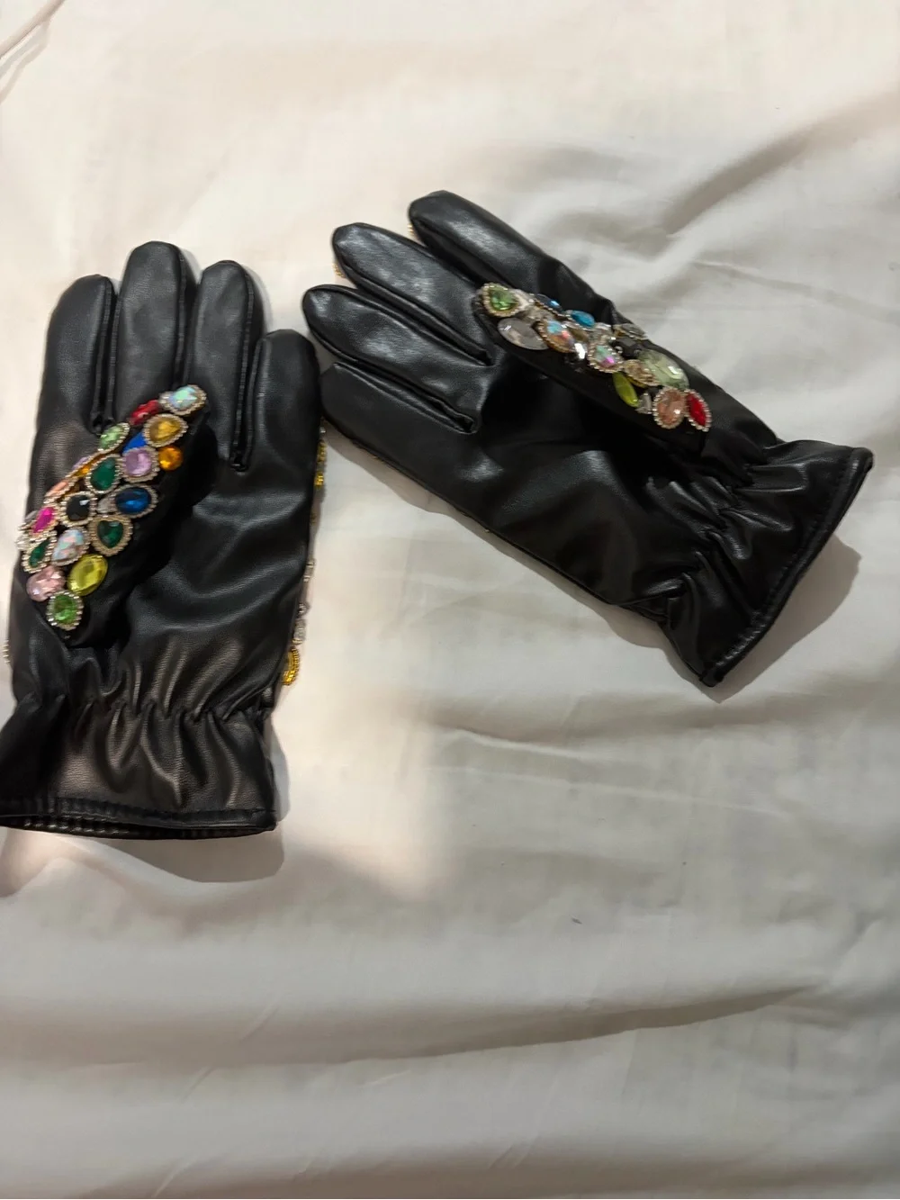 AKIRA Black Jeweled Leather Gloves with Multicolor Gems
